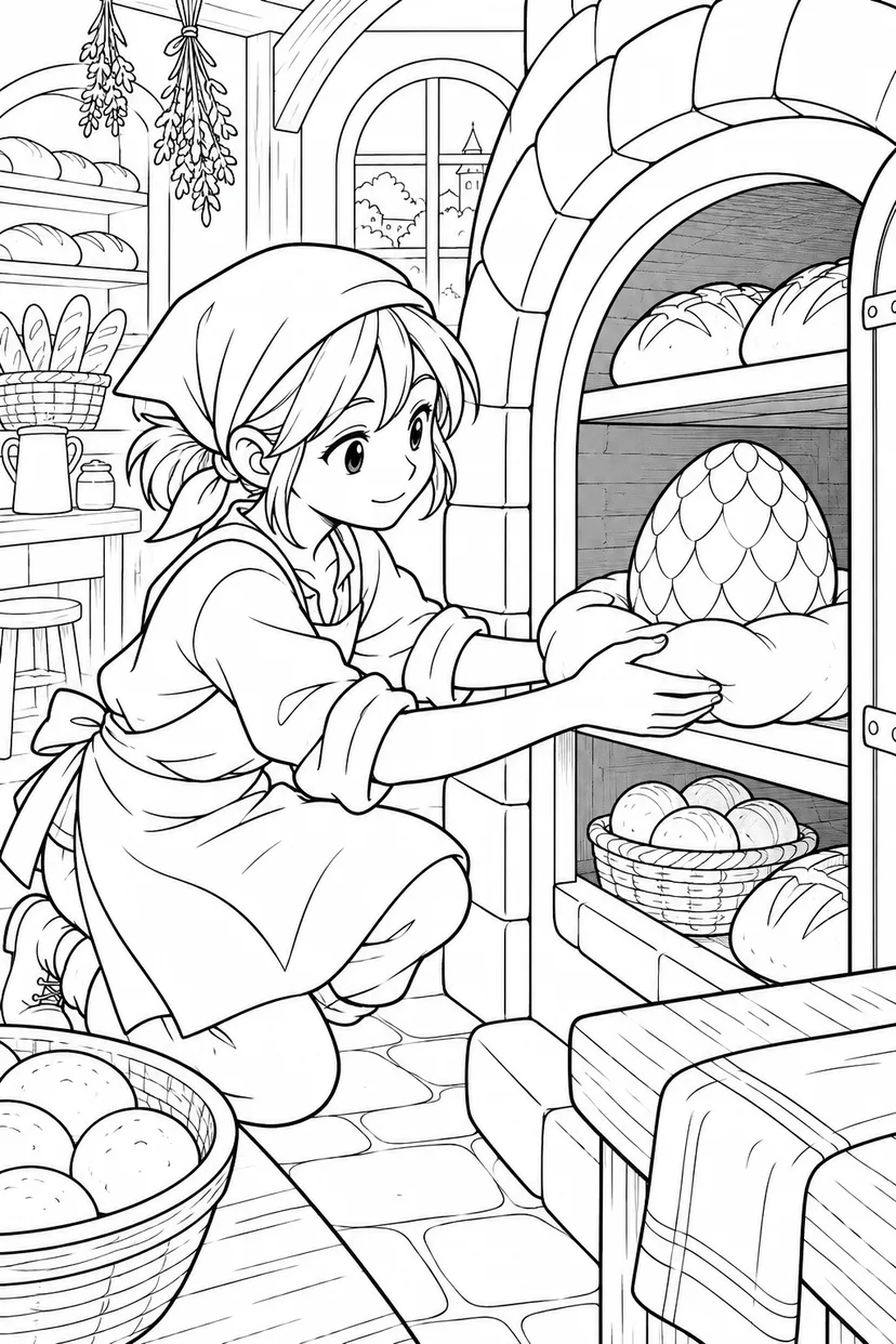 竜の卵を温めるパン屋の塗り絵