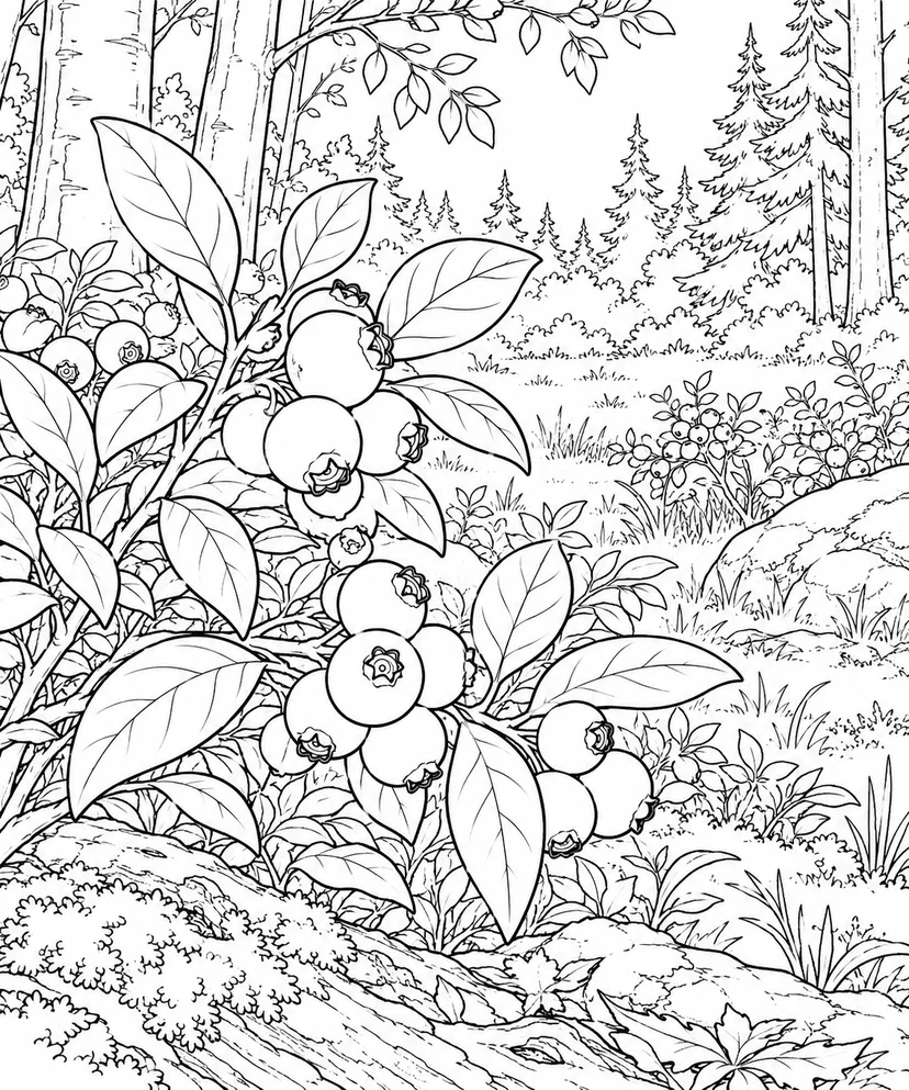 自然のひとこま：ブルーベリーの実と葉の塗り絵