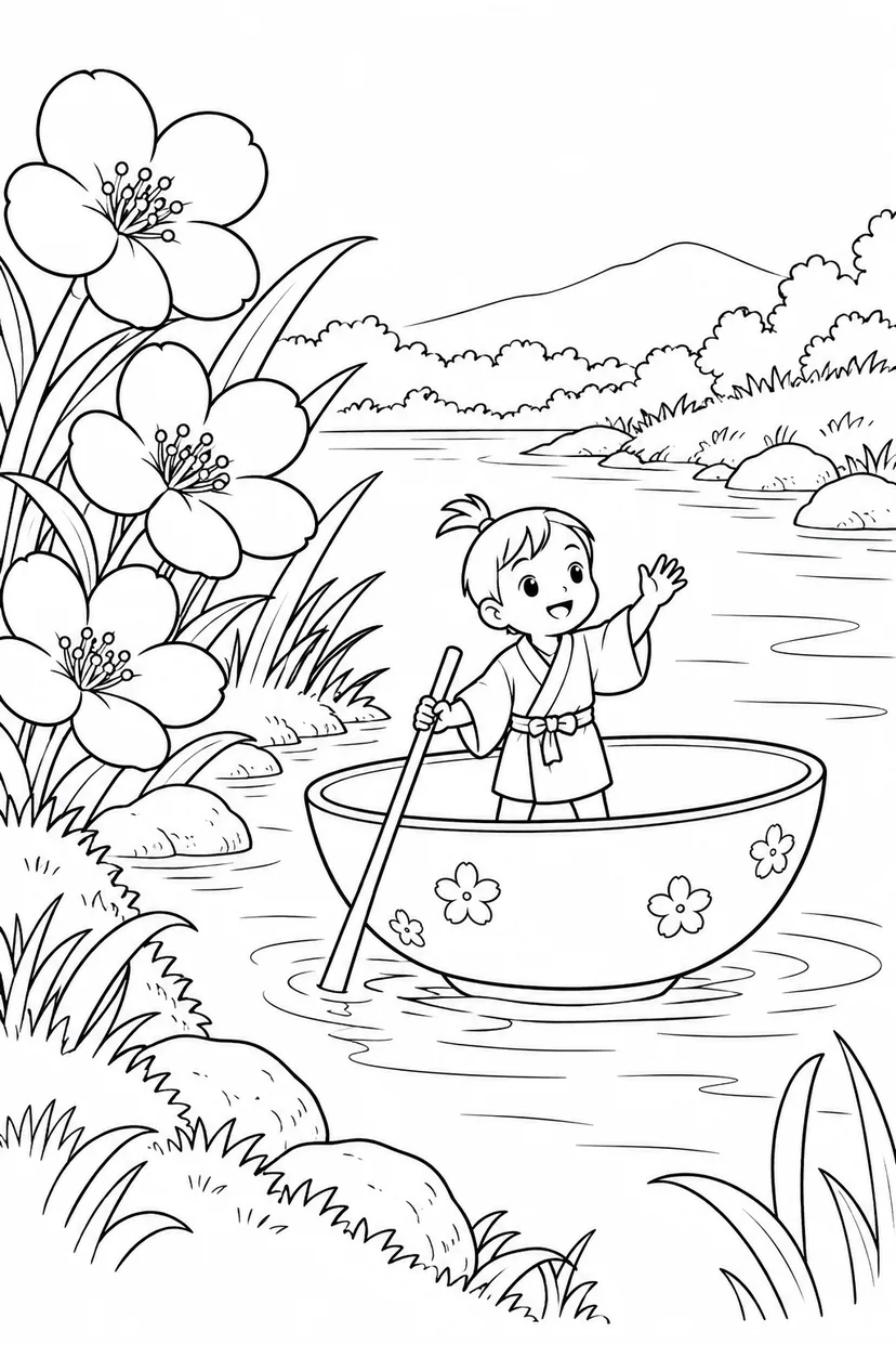 一寸法師・おわんの舟でいってきますの塗り絵