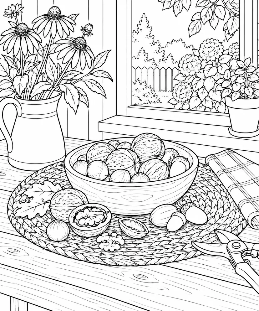 自然のひとこま：編み敷物と木の実の塗り絵