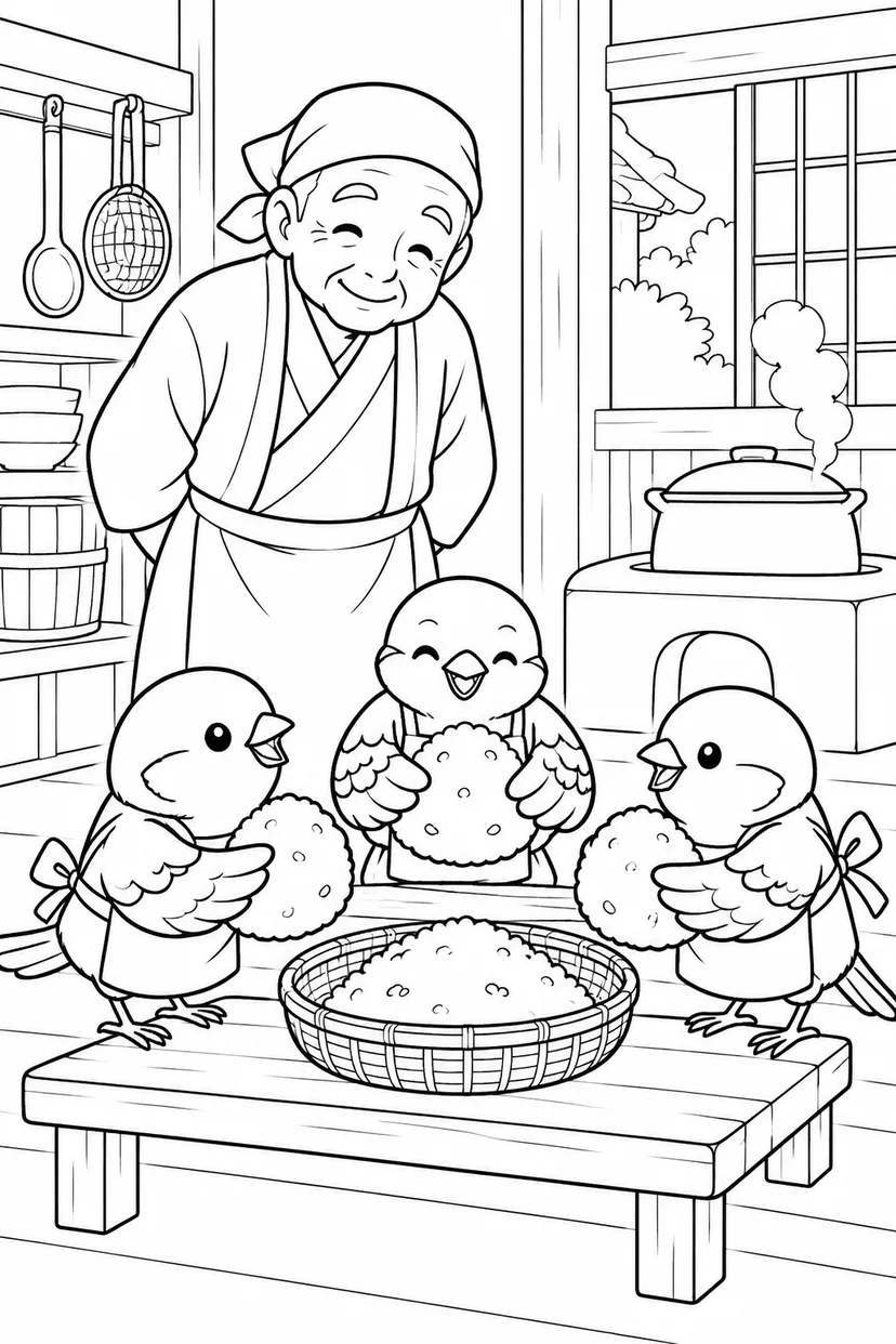 したきりすずめ：みんなでころころおにぎりの塗り絵