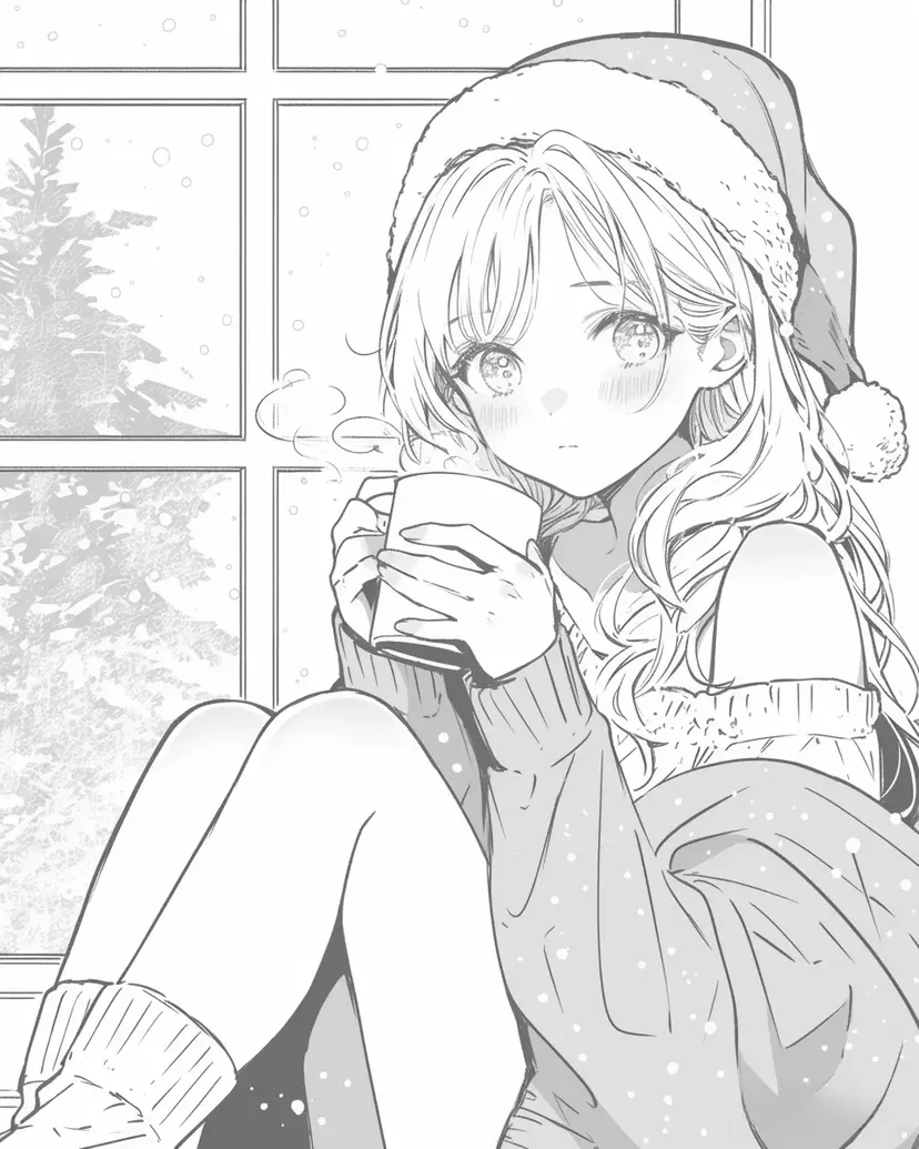 冬の窓辺でほっと一息の塗り絵
