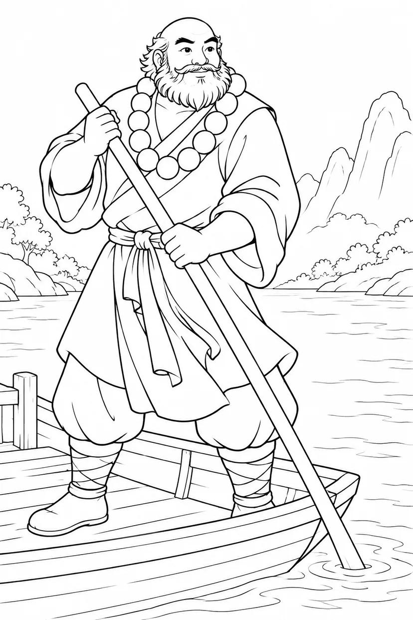 ほっこり西遊記：悟浄の渡し舟の塗り絵