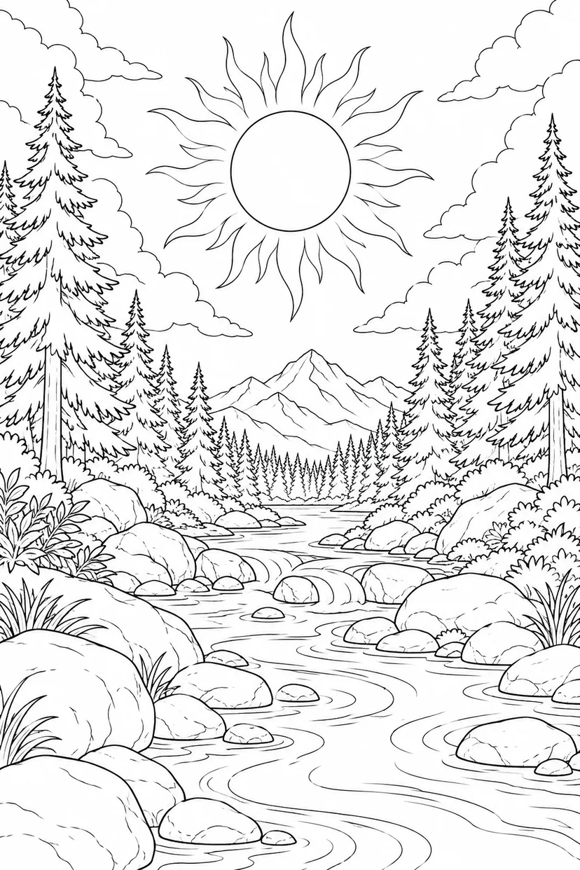 モミの森の渓流と日食の光の輪の塗り絵