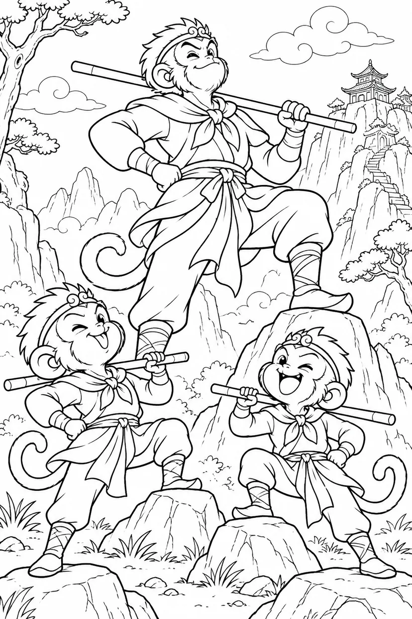どたばた西遊記：悟空と小さな猿たちの塗り絵