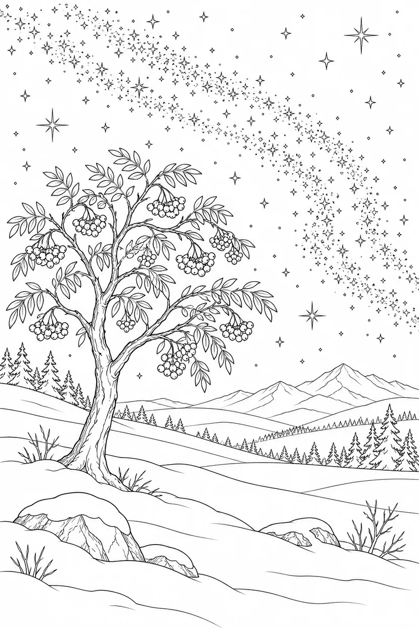 雪原のナナカマドと天の川の塗り絵