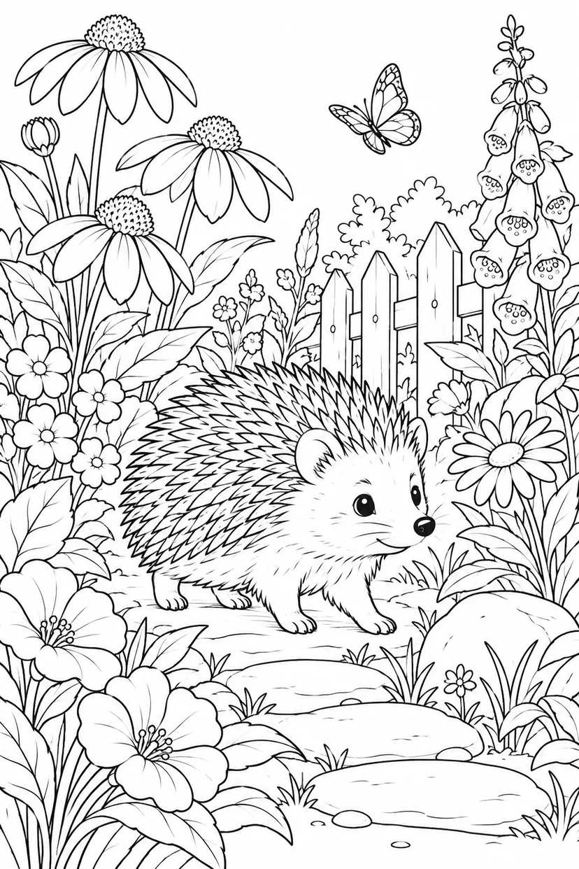 花畑の間を進むハリネズミの塗り絵
