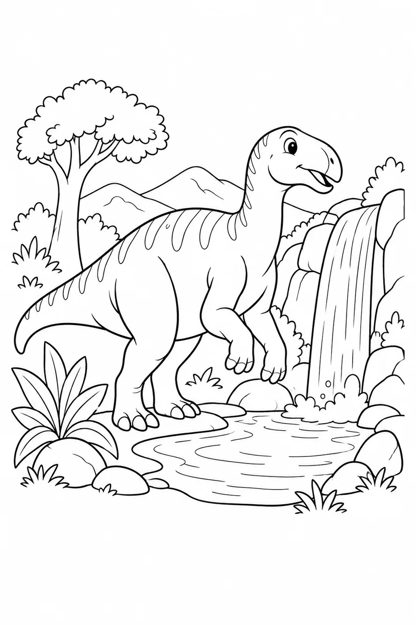 イグアノドンと滝の池の塗り絵