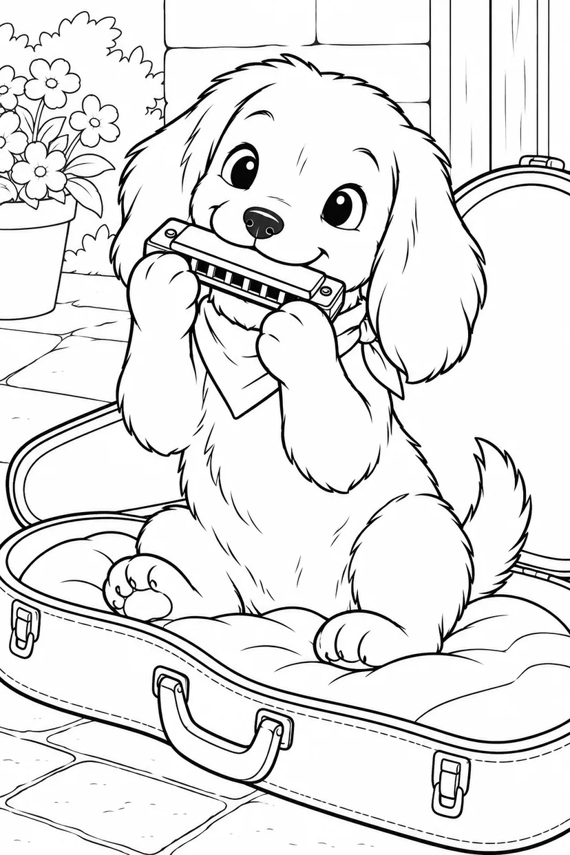 子犬のハーモニカの塗り絵