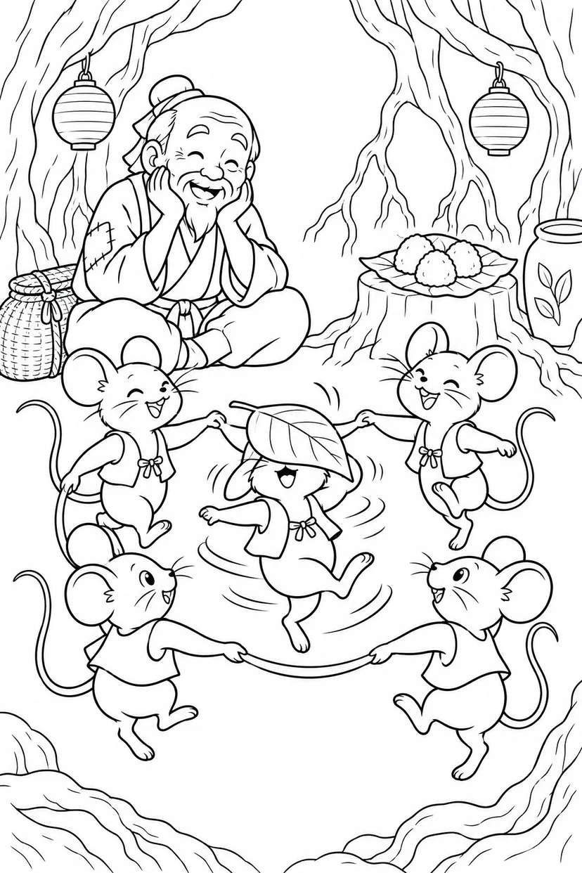 おむすびころりん・ギャグ：ねずみの歓迎の踊りの塗り絵