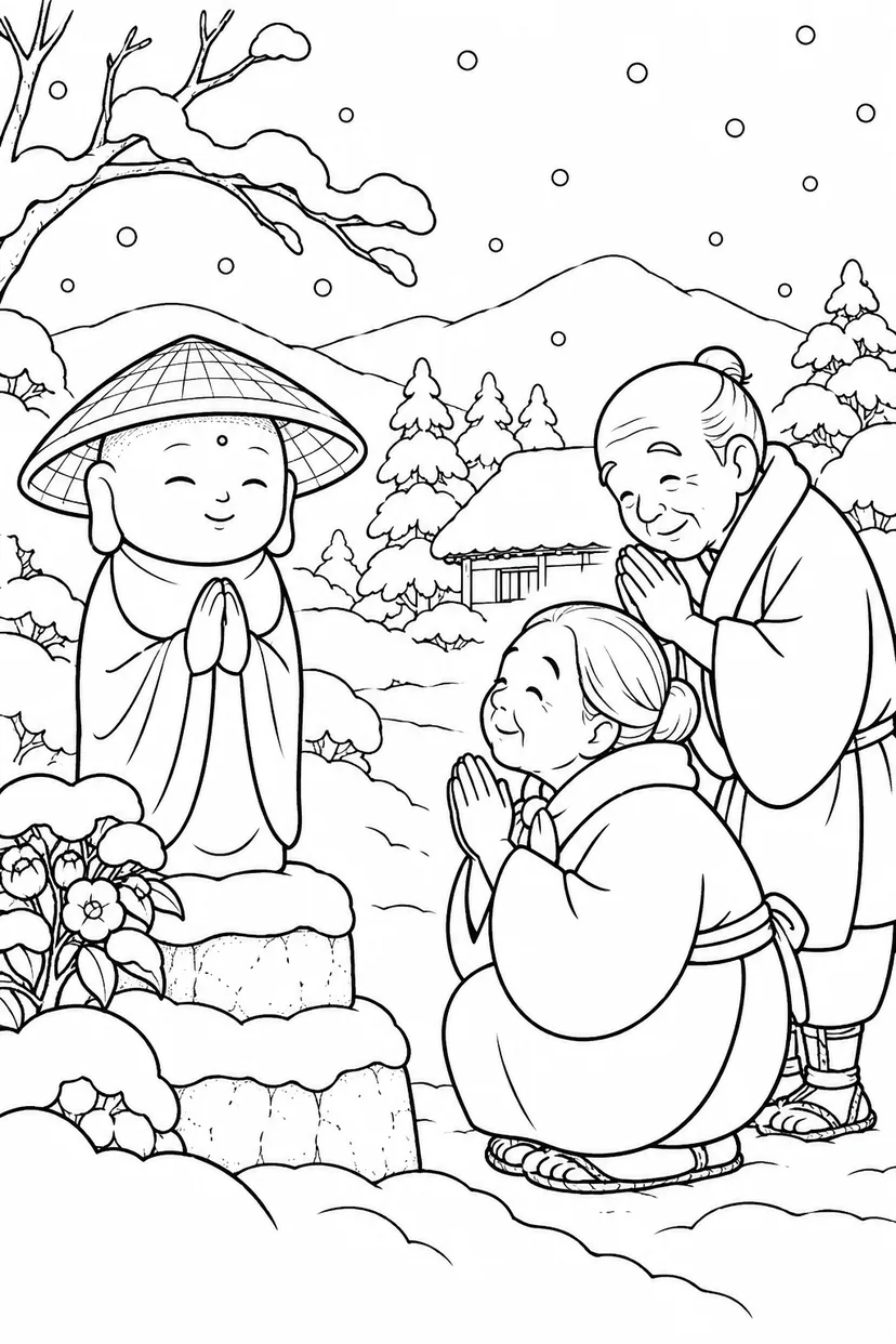 かさじぞう・ありがとうの合掌の塗り絵