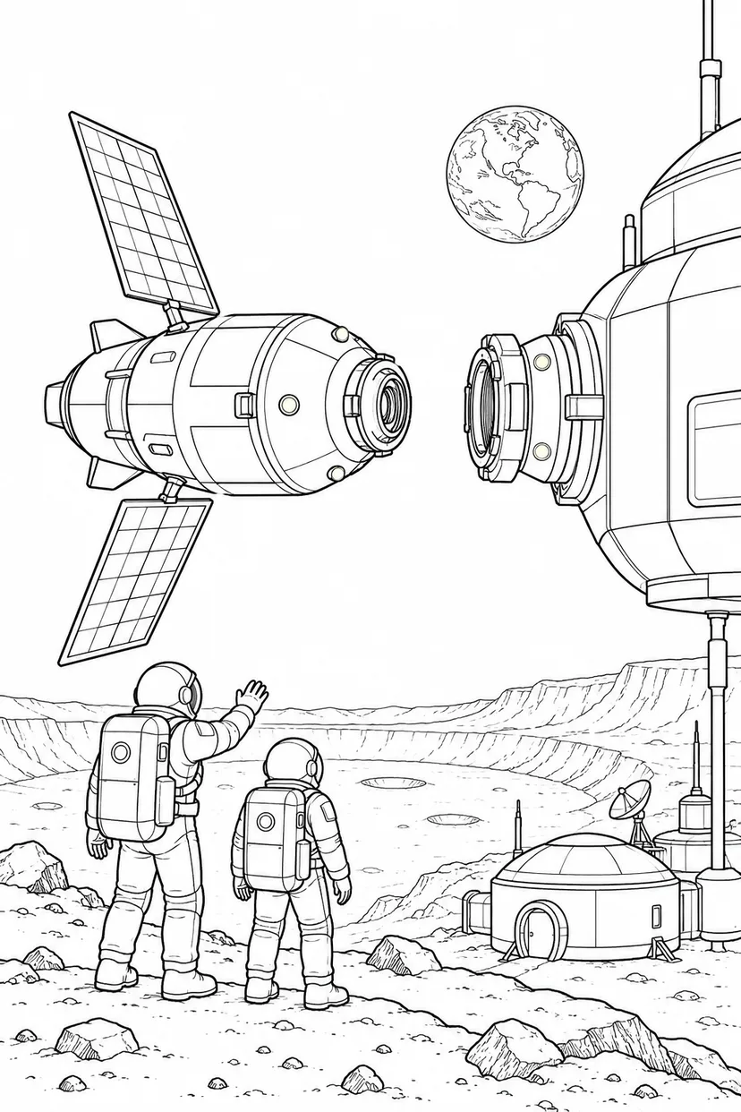 月のクレーター基地：補給船のドッキングの塗り絵