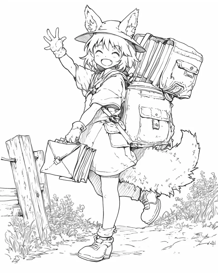 Desenho de Menina Viajante com Orelhas de Raposa para colorir