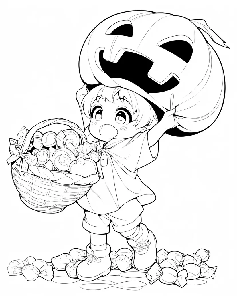 ジャック・オー・ランタンとお菓子いっぱいの子どもの塗り絵