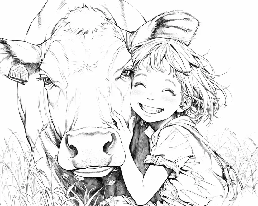 少女と牛の絆の塗り絵