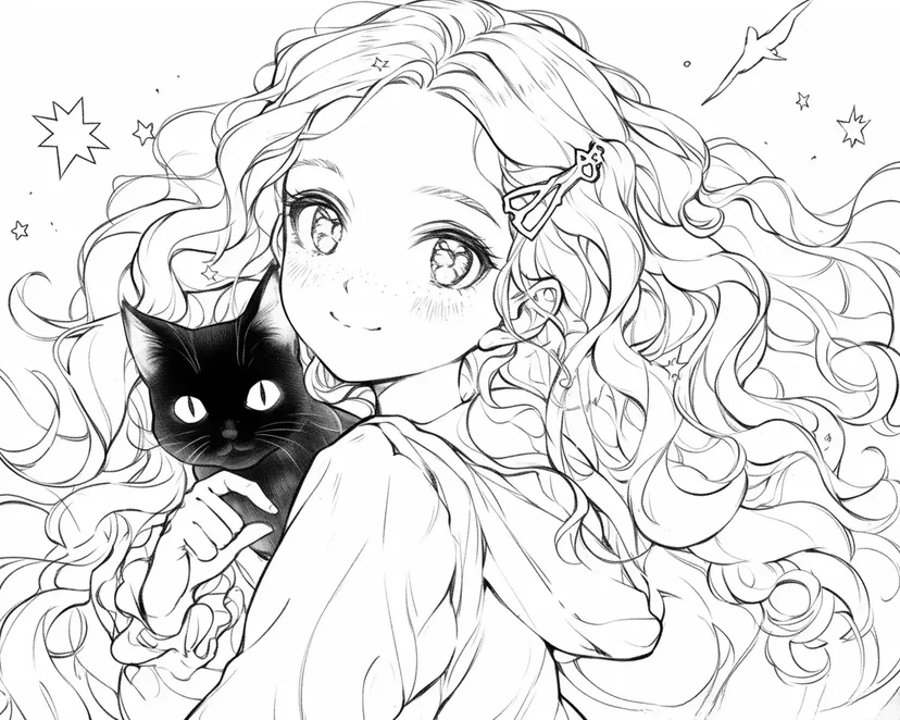 Dibujo de El Gato Negro Mágico y la Niña para colorear