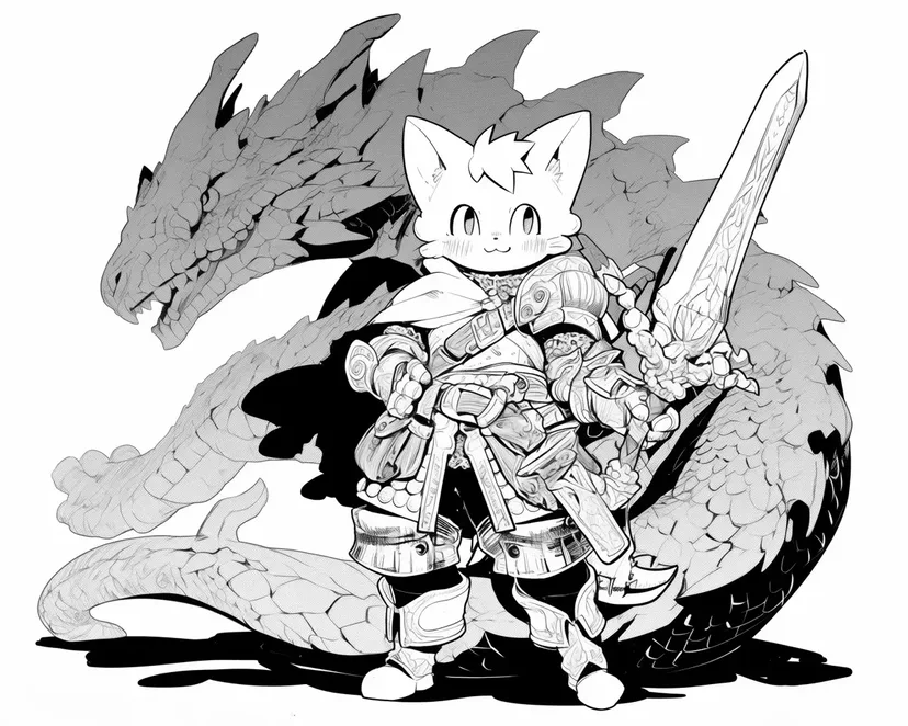 勇敢的猫战士与龙涂色页