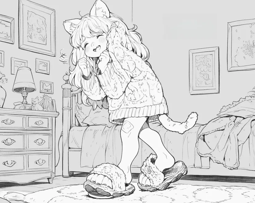 Dibujo de Chica Gato de Zapatillas Peludas para colorear