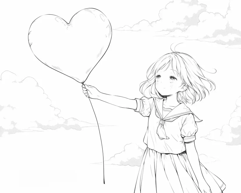 Desenho de Menina com Balão de Coração para colorir