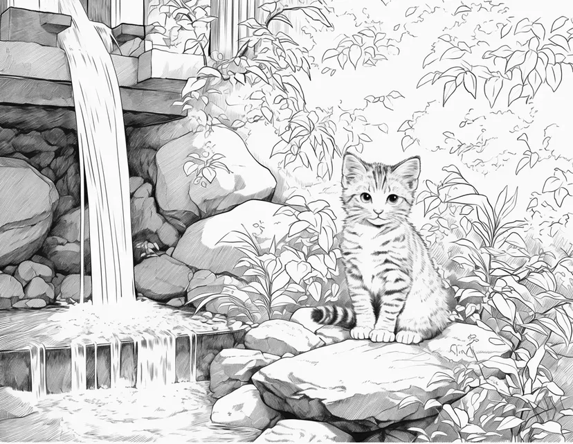 Dibujo de Gatito junto a la Cascada para colorear