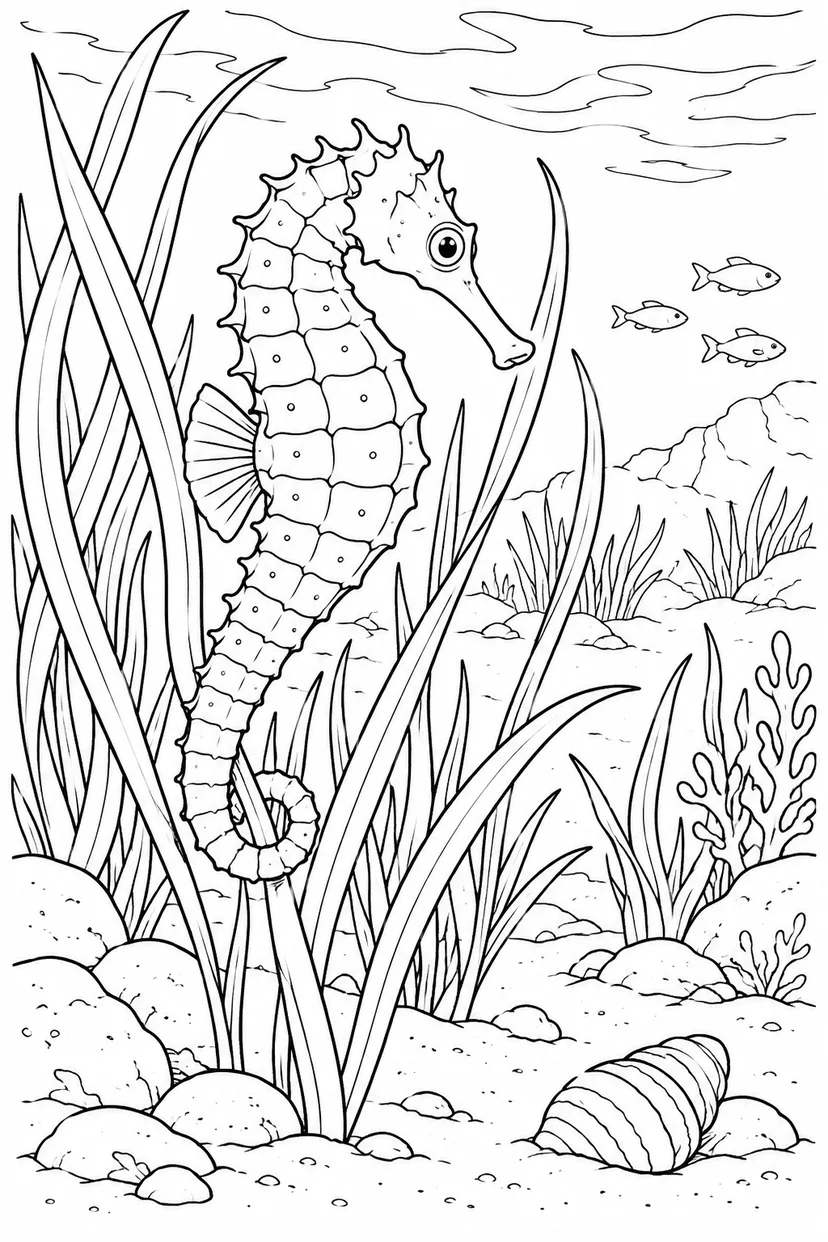 自然のひとこま：タツノオトシゴと海草の塗り絵