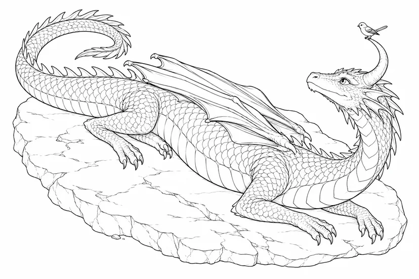 Coloriage Dragon avec un oiseau sur sa corne