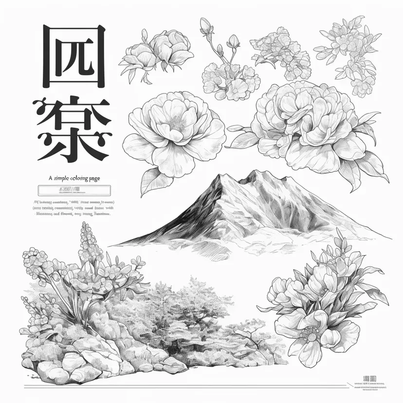 Dibujo de Hermosas Flores y Paisaje de Montaña para colorear