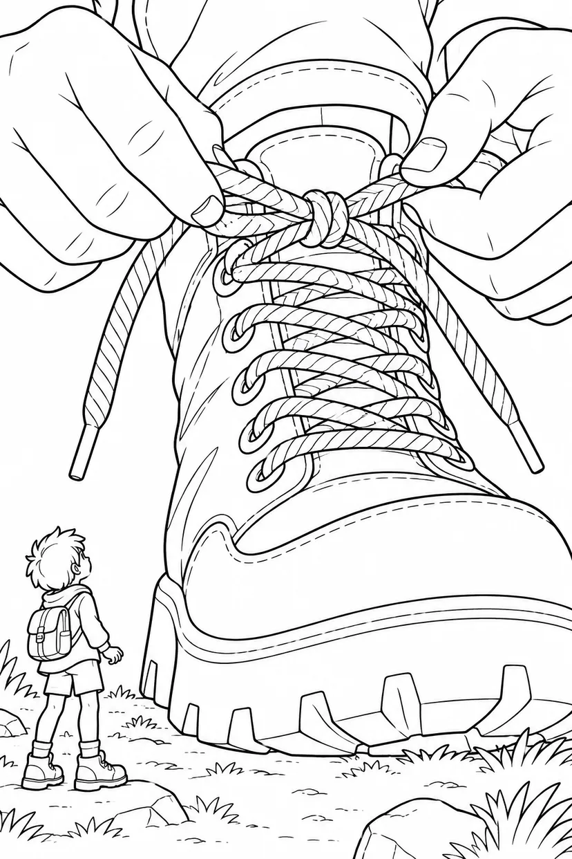 魔法の靴ひもを結ぶ巨人の塗り絵