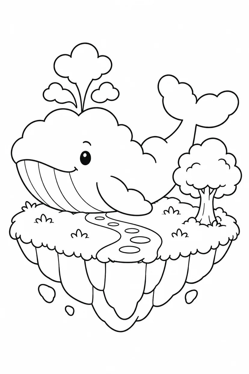 雲のクジラと浮かぶ島の塗り絵