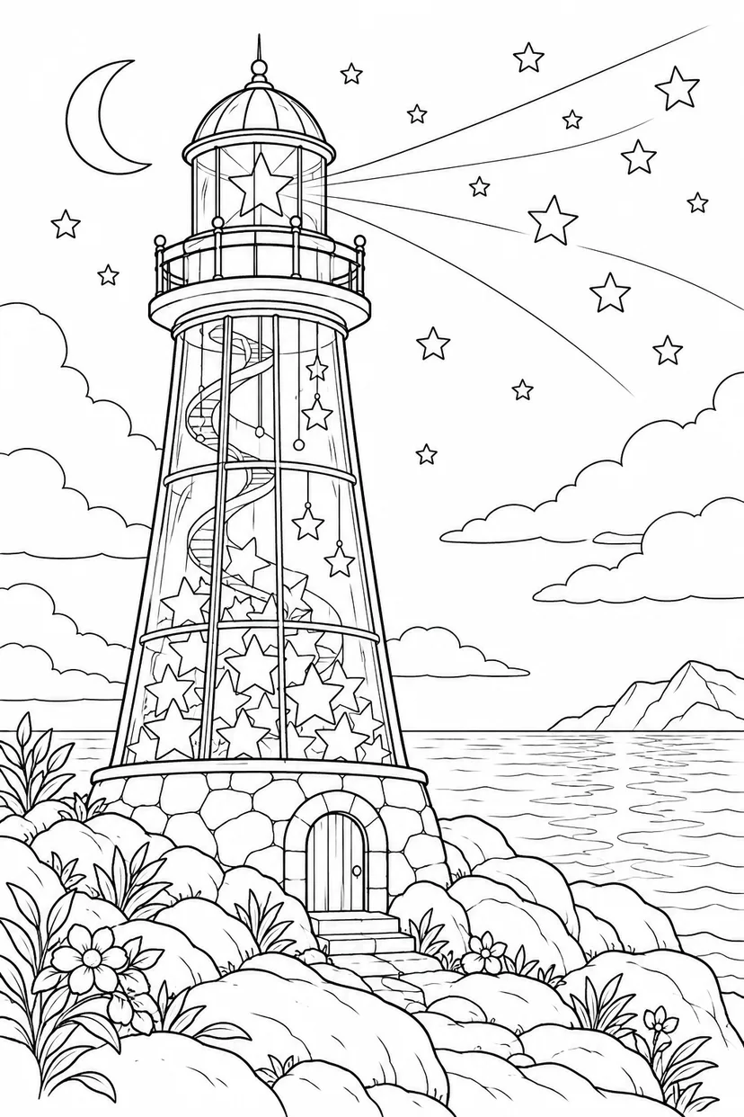 星を集めるガラスの灯台の塗り絵