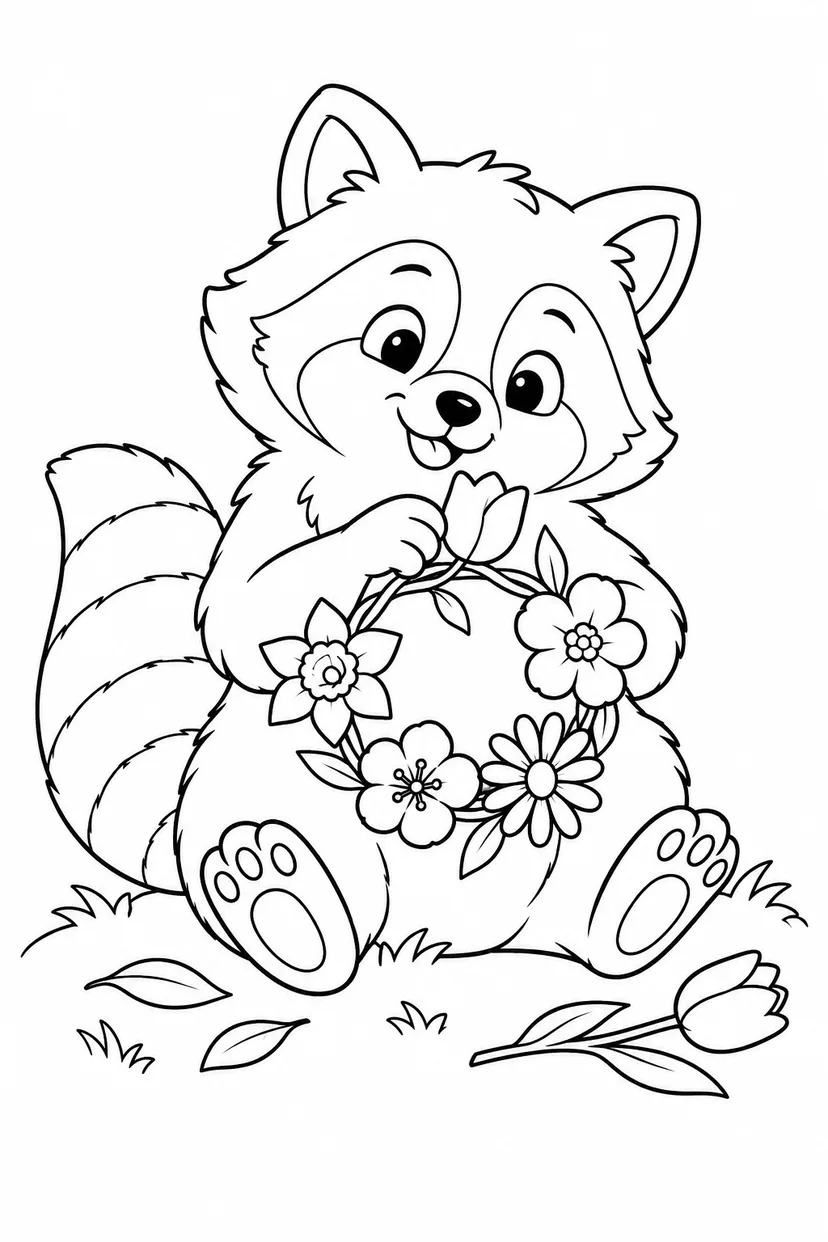 たぬきの花かんむり作りの塗り絵