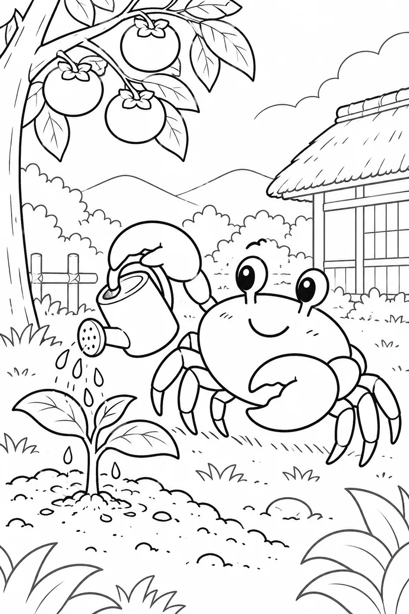 さるかに合戦 ほっこり：小さな柿の芽に水やりの塗り絵