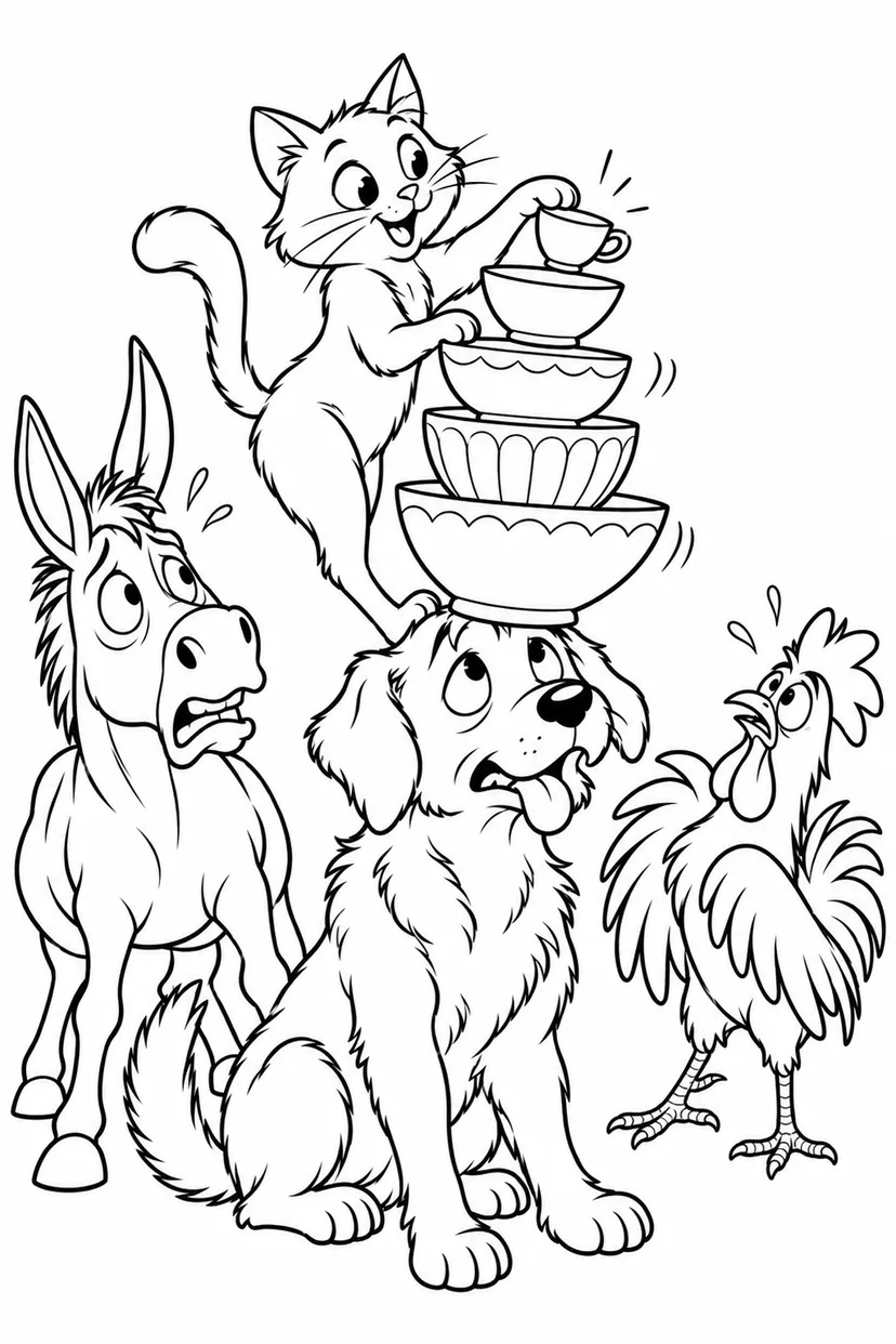 ブレーメンの音楽隊：犬の頭で食器タワーの塗り絵