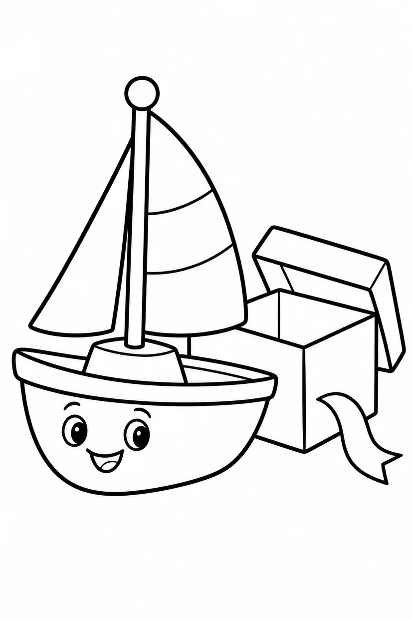 おもちゃのヨットとプレゼント箱の塗り絵