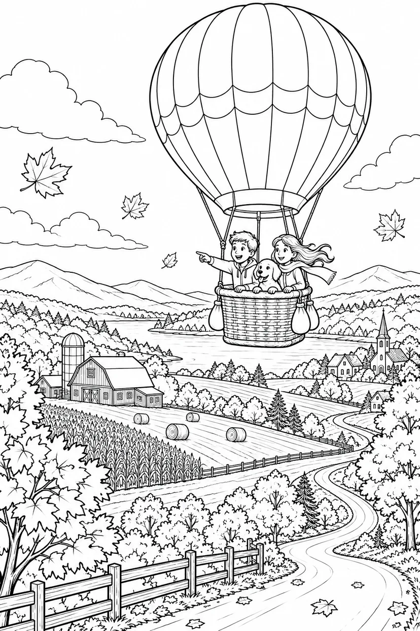 秋の気球で見つける景色の塗り絵
