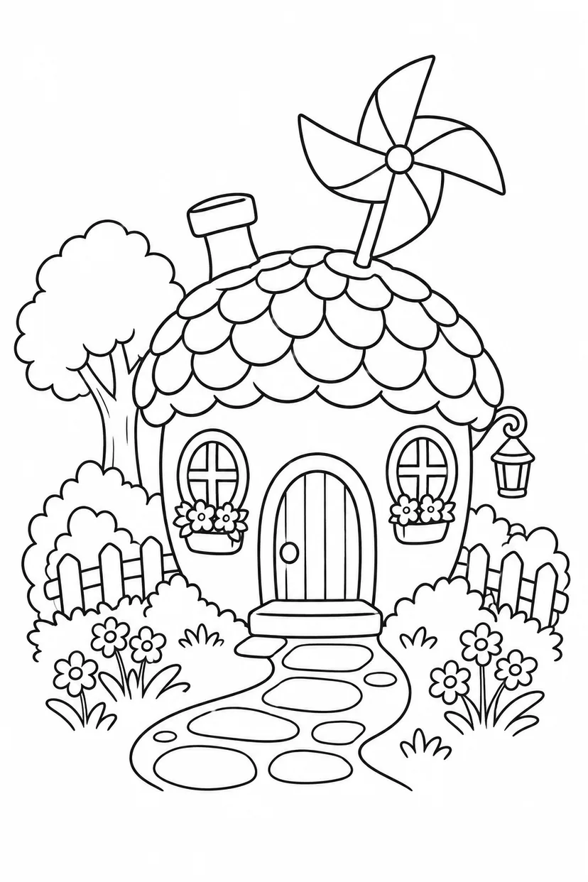 どんぐりのおうちの屋根の風車の塗り絵