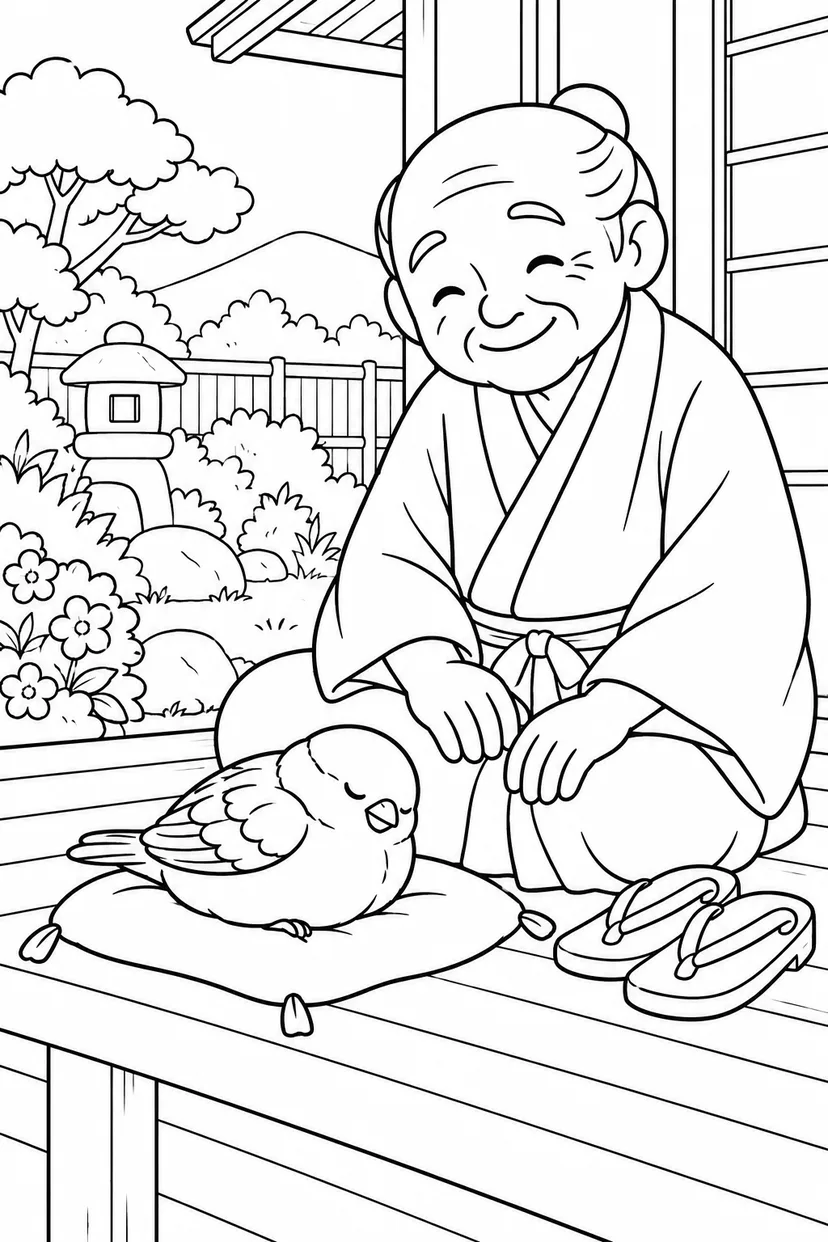 したきりすずめ：縁側でうとうとすずめの塗り絵
