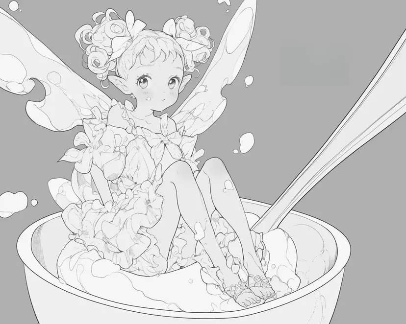 魔法のスープに浸かる妖精の塗り絵