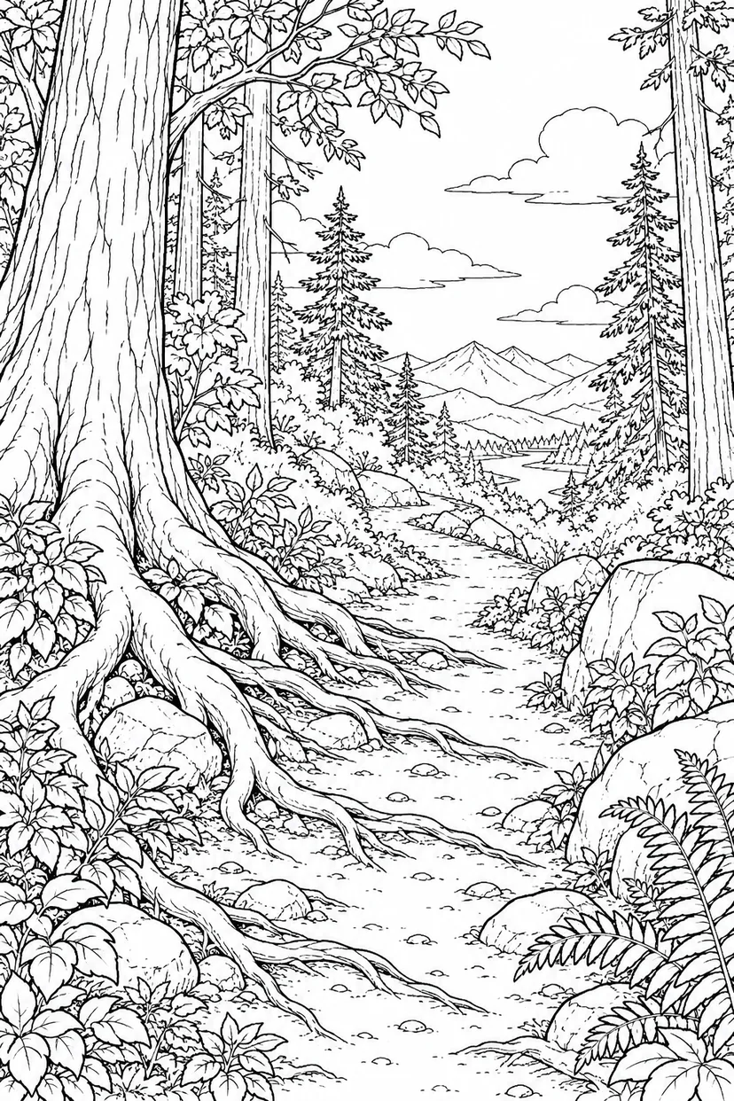 自然のひとこま：木の根が続く森の小道の塗り絵