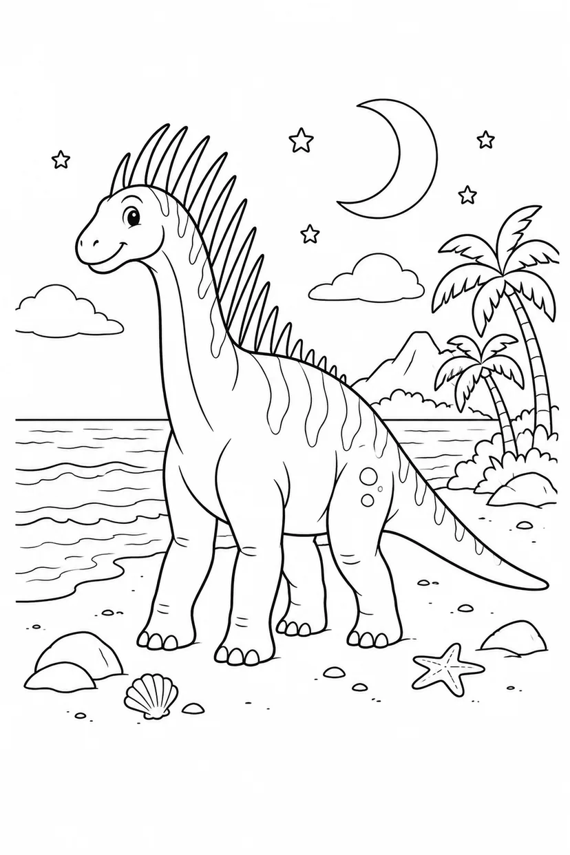 アマルガサウルスと月の砂浜の塗り絵