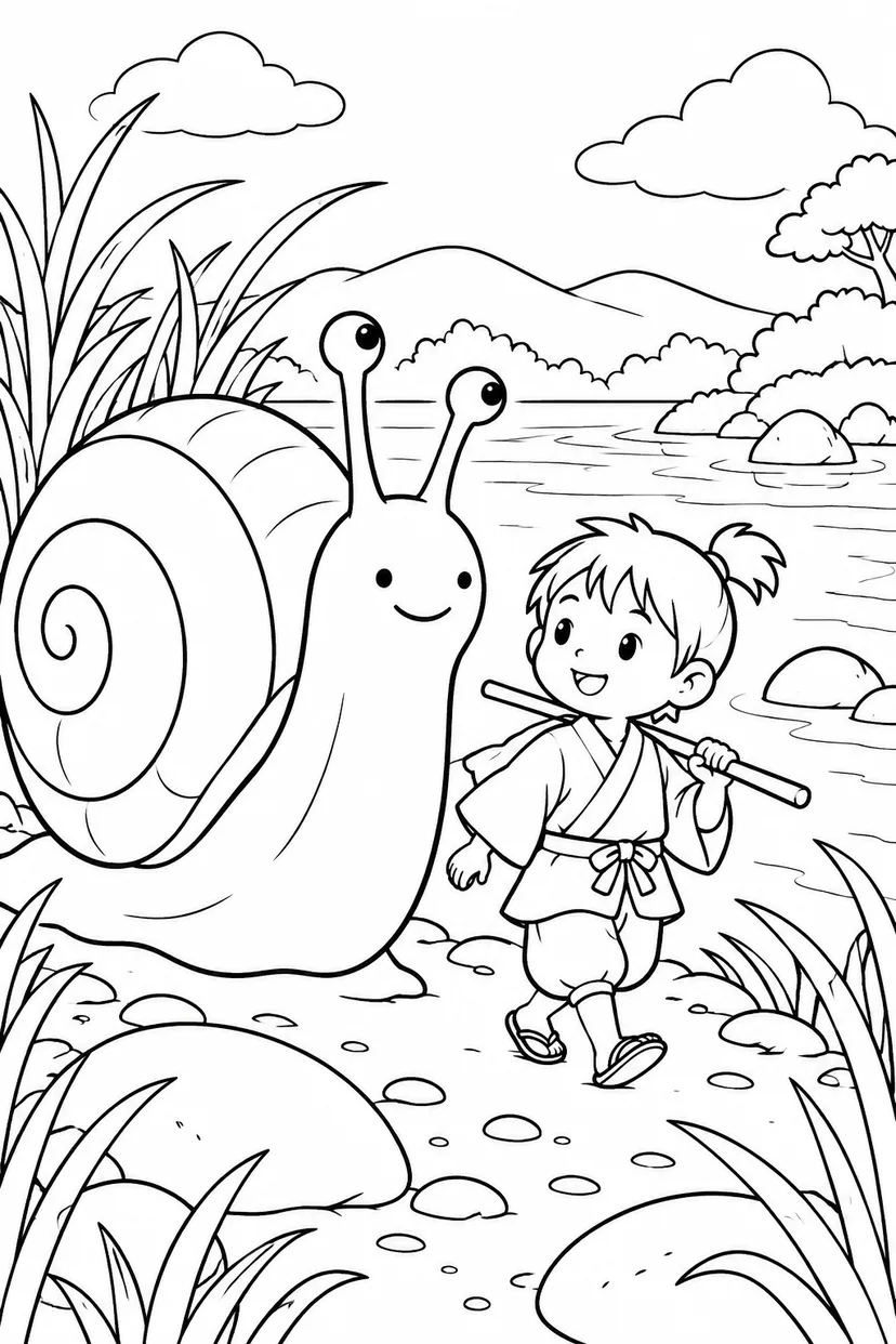 一寸法師・かたつむりと川辺のおさんぽの塗り絵