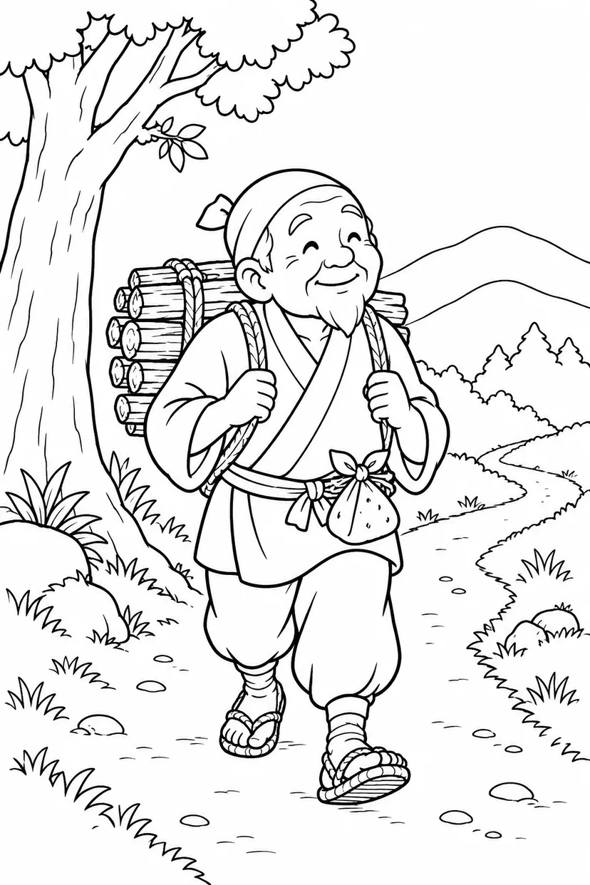 おむすびころりん・ほっこり：山へ向かうおじいさんの塗り絵