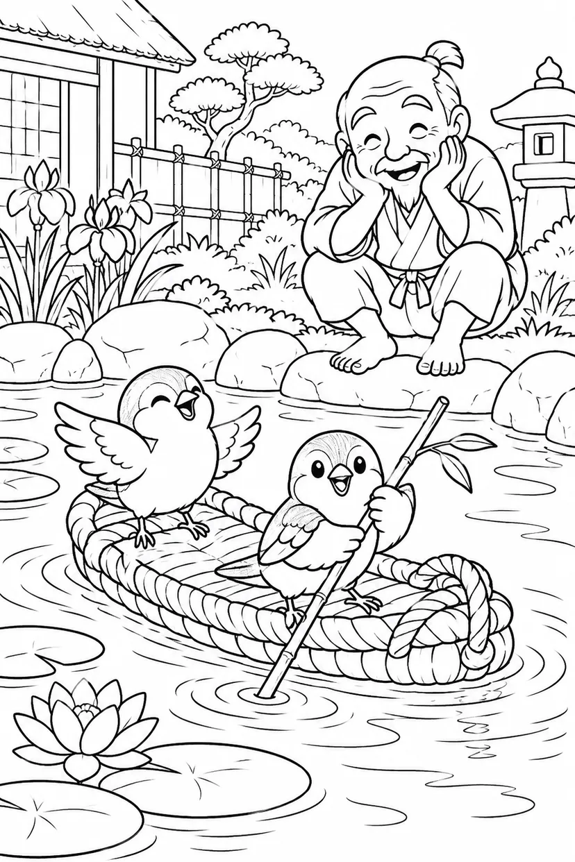 したきりすずめ：大きな草履ですいすい舟あそびの塗り絵