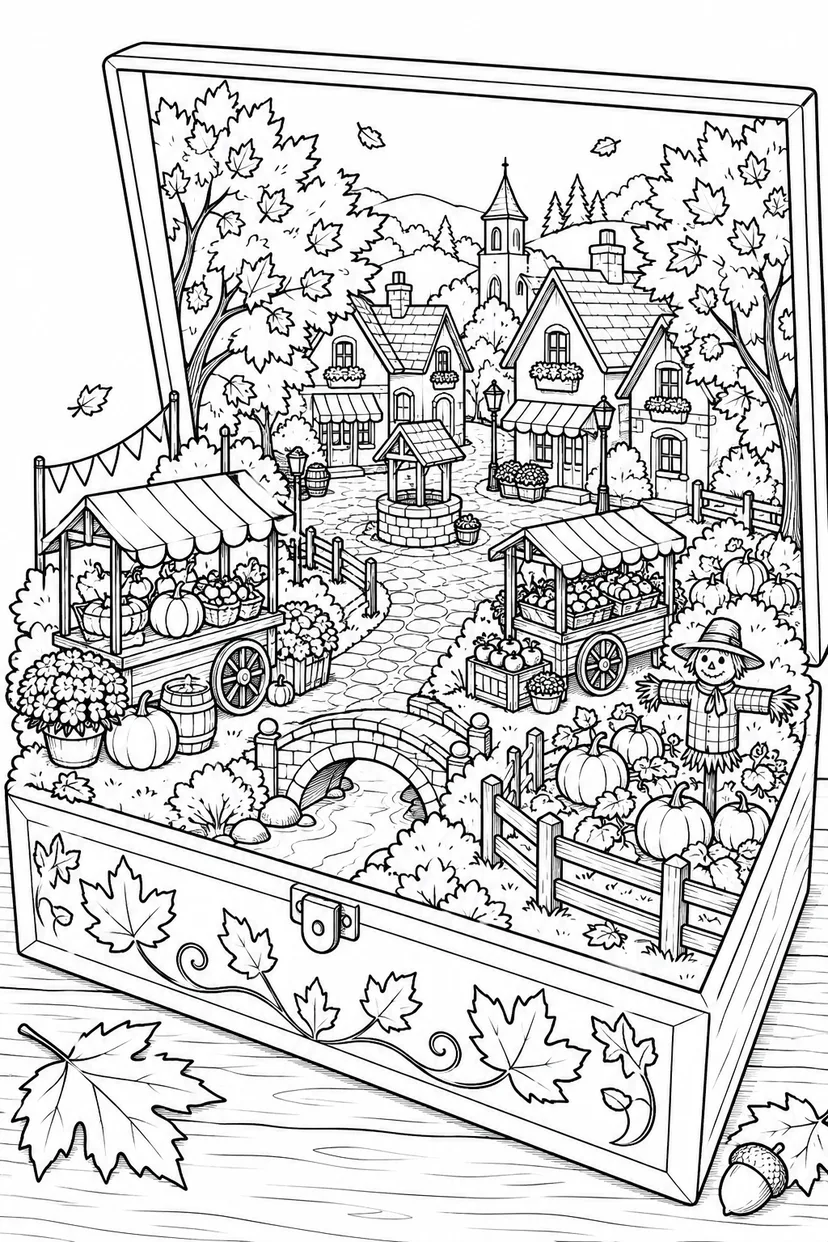 秋の箱の中の小さな町の塗り絵