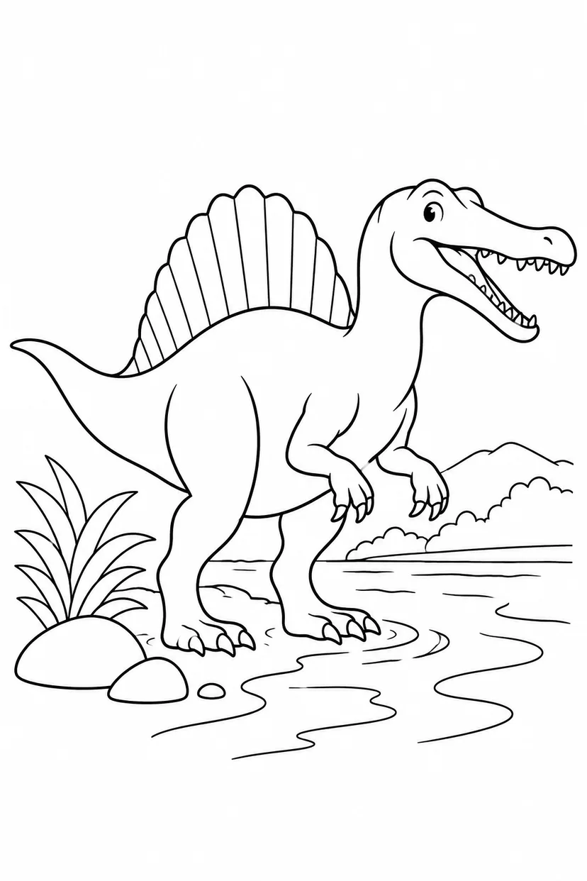 スピノサウルスと川の塗り絵