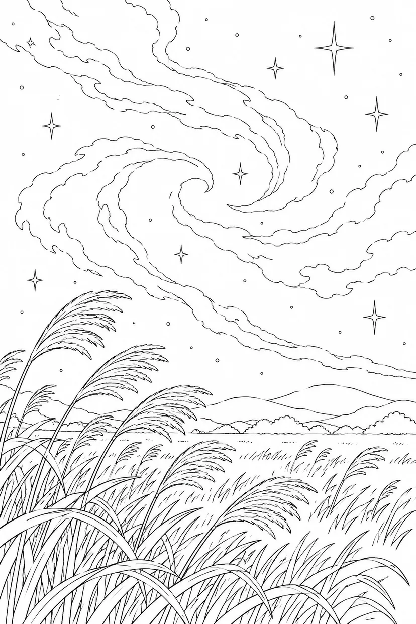 ススキの草原と星雲のゆらめきの塗り絵