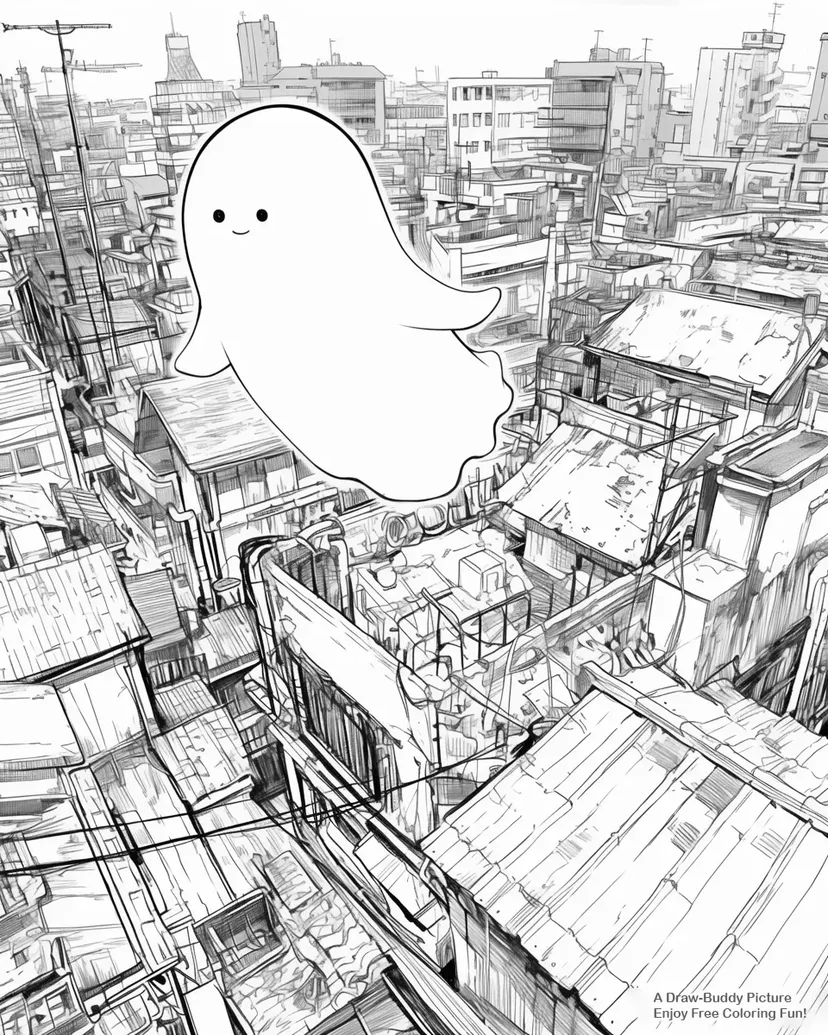 Dibujo de Pequeño Fantasma Flotando sobre la Ciudad para colorear
