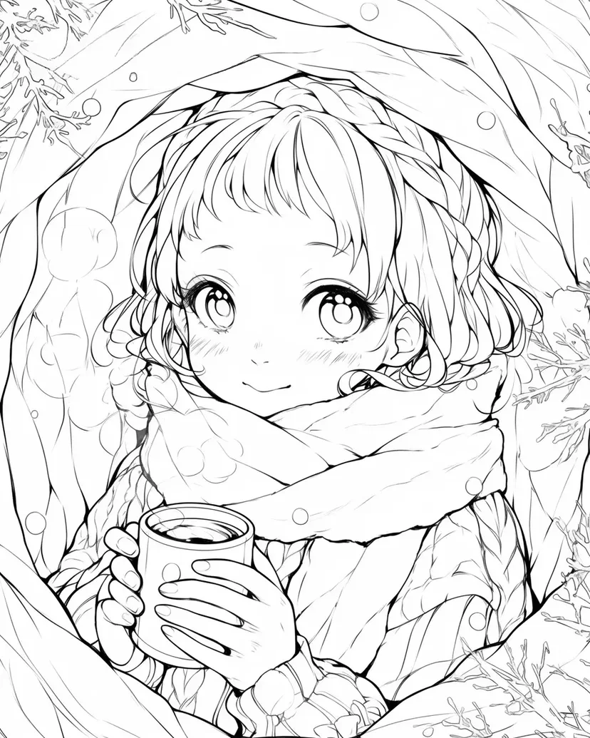 雪の妖精と温かい飲み物の塗り絵