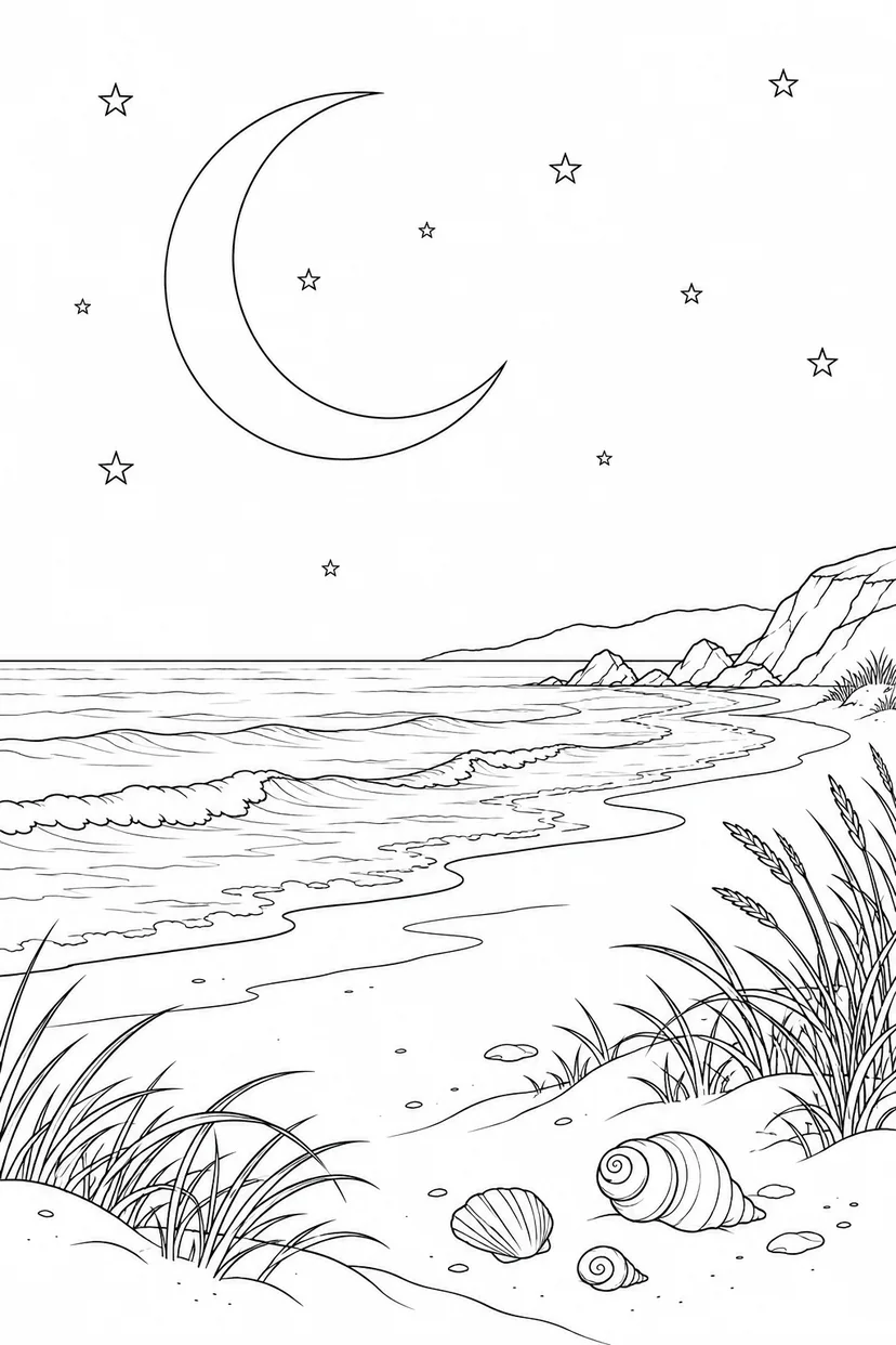 貝殻のある砂浜と三日月の塗り絵