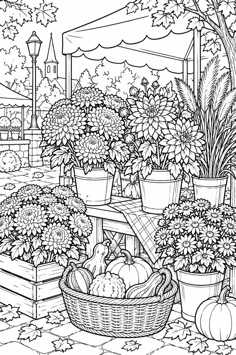 秋の花屋さんの小さな屋台の塗り絵